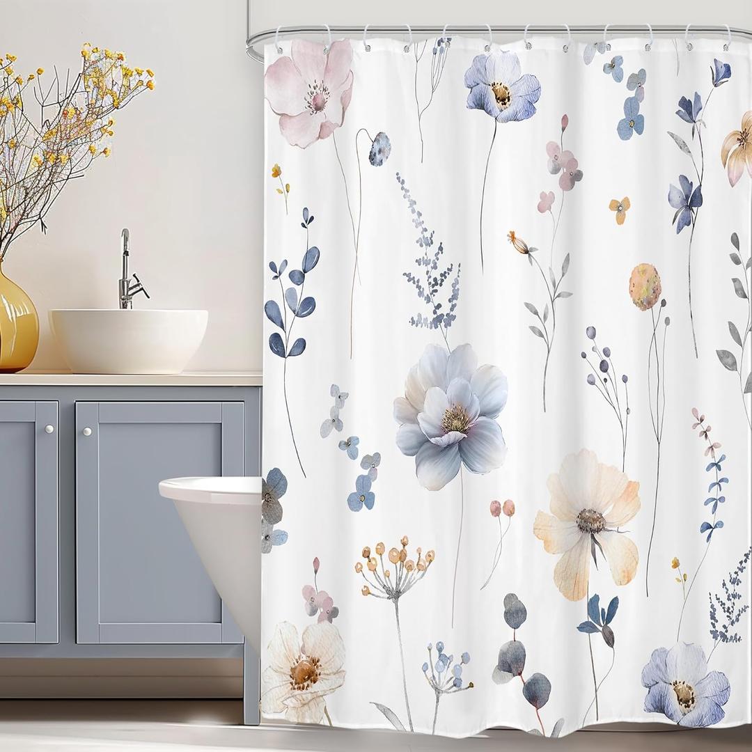 Omifly Stall Small Watercolor Floral Shower Curtain 48Wx72H Inch Rv Blue Flower Spring Leaves Plant Modern Botanic Minimalist Farm with 8 Plastic Hooks Fabric Waterproof Toilet Accessories Decor