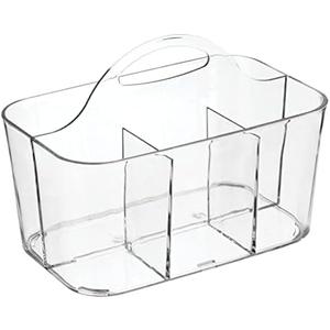 mDesign Plastic Makeup Storage Organizer Caddy Tote, Divided Basket Bin, Handle for Bathroom, Holds Eyeshadow Palettes, Nail Polish, Brushes, Shower Essentials, Small, Lumiere Collection - Clear
