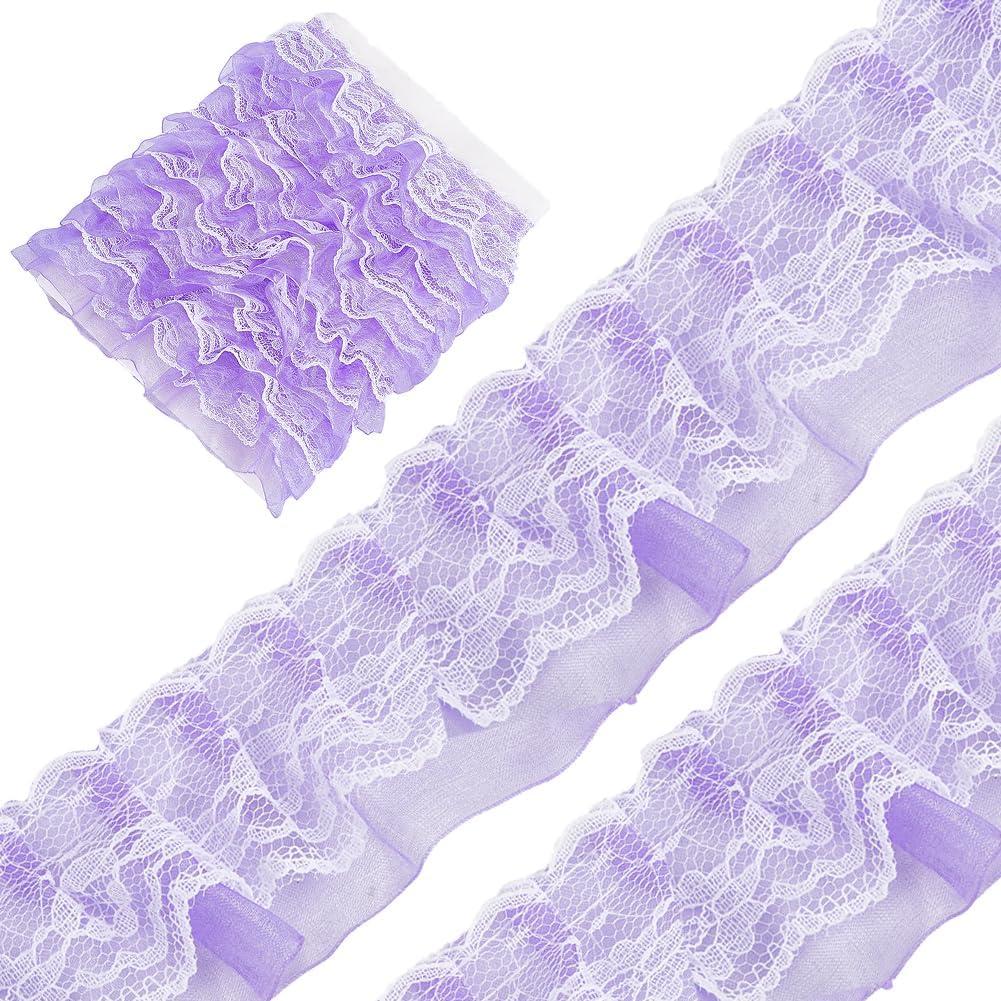 GORGECRAFT 11 Yards 2-Layer Pleated Chiffon Lace Ribbon Purple Gathered Voile Mesh Organza Tulle Fabric Ruffles Edge Lace Trim for Sewing Craft Wedding Dress Party Accessories Decor Handmade DIY