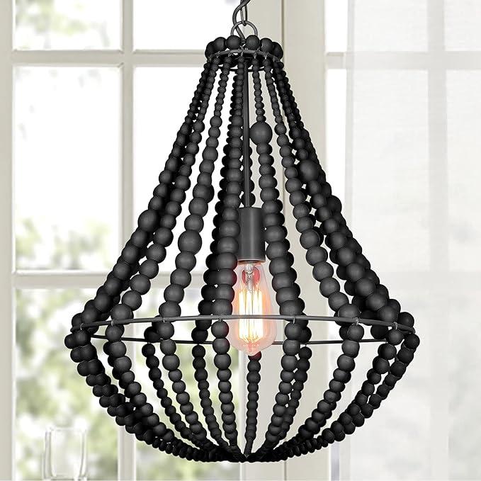 Boho Light Fixtures Wood Beaded Chandelier Farmhouse Pendant Light 1-Light Black 16.5" Ceiling Hanging Light, Dining Room, Living Room, Kitchen, Bedroom, Hallway