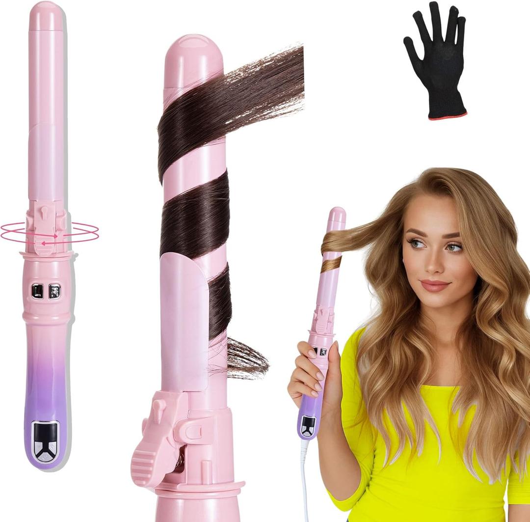 Automatic Rotating Curling Iron for Long Lasting Curls, 1.1 Inch Hair Curler with LED Display, Fast-Heating Curling Wand for Long & Short Hair, Perfect Hair Waver Styling Tool (Pink Gradient)