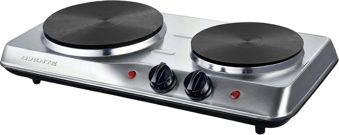 OVENTE Electric Countertop Double Burner, 1700W Cooktop with 7.25" and 6.10" Cast Iron Hot Plates, Temperature Control, Portable Cooking Stove and Easy to Clean Stainless Steel Base, Silver BGS102S