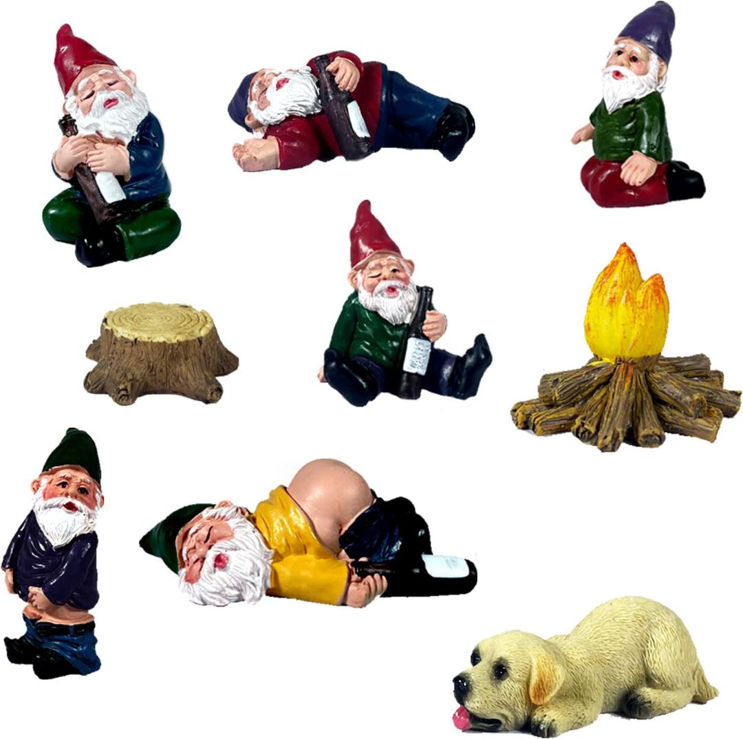 9pcs Drunk Gnomes Miniature Garden Gnomes Mini Funny Gnome Statues Resin Gnome Fairy Gnomes Garden Decorations Miniature Gnomes for Fairy Garden, Christmas Tree, Gift for Kids