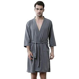 Rojeam Men's Kimono Waffle Robe Unisex Lightweight Soft Knee Length Spa Bathrobe Sleepwear with Pockets, Grey, S