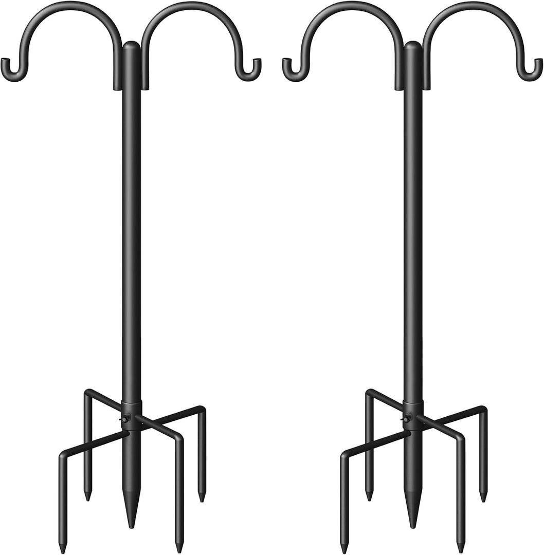 Double Shepherds Hooks for Outdoor, Heavy Duty Bird Feeder Pole with 5-Prong Base - Rust-Proof, Adjustable Bird Feeder Hanger for Garden, Wedding Decor & Hanging Plants (86 Inches)