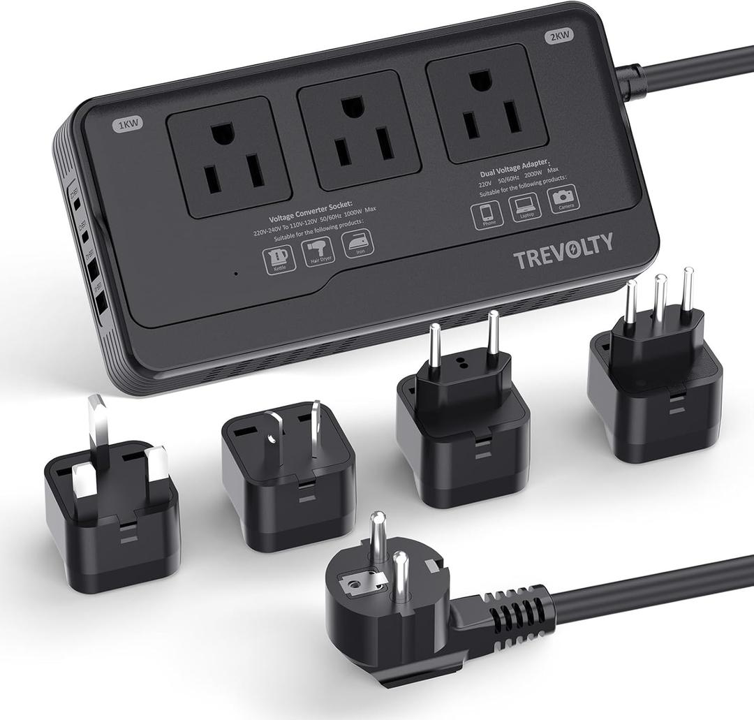 2000W Voltage Converter US to Europe for Hair Dryers, 7-in-1 220V to 110V Converter for European Travel with 3 AC/2 USBA/2 USBC Ports, Universal Power Converter Adapter Combo with EU/UK/IT/AU