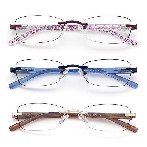 LOVIVY 3 Pack Rimless Reading Glasses for Women Blue Light Blocking Readers Tinted Edge Spring Hinge Pattern Print Arm Eyeglasses Mix 2.00