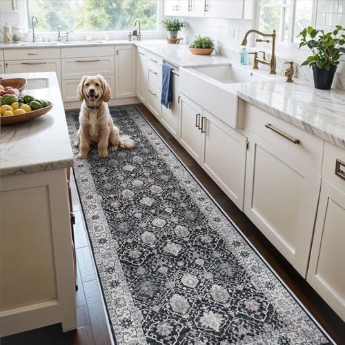 3x12 Washable Hallway Runner Rug: Oriental Long Ultra Soft Runners for Kitchen Entryway Thin Non Slip Bathroom Nursery Floor Mat Water Resistant Low Pile Carpet for Living Room Bedroom (Black, 3x12)