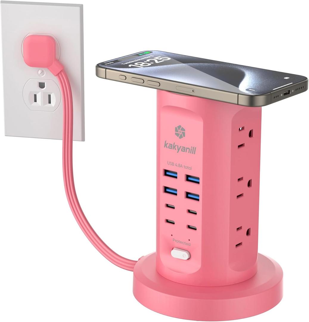 Power Strip Tower, kakyanill Surge Protector Tower 9 AC Outlets 8 USB (4 USB C), 6 Ft Retractable Extension Cord, Charging Station for Office Dorm Room, Pink