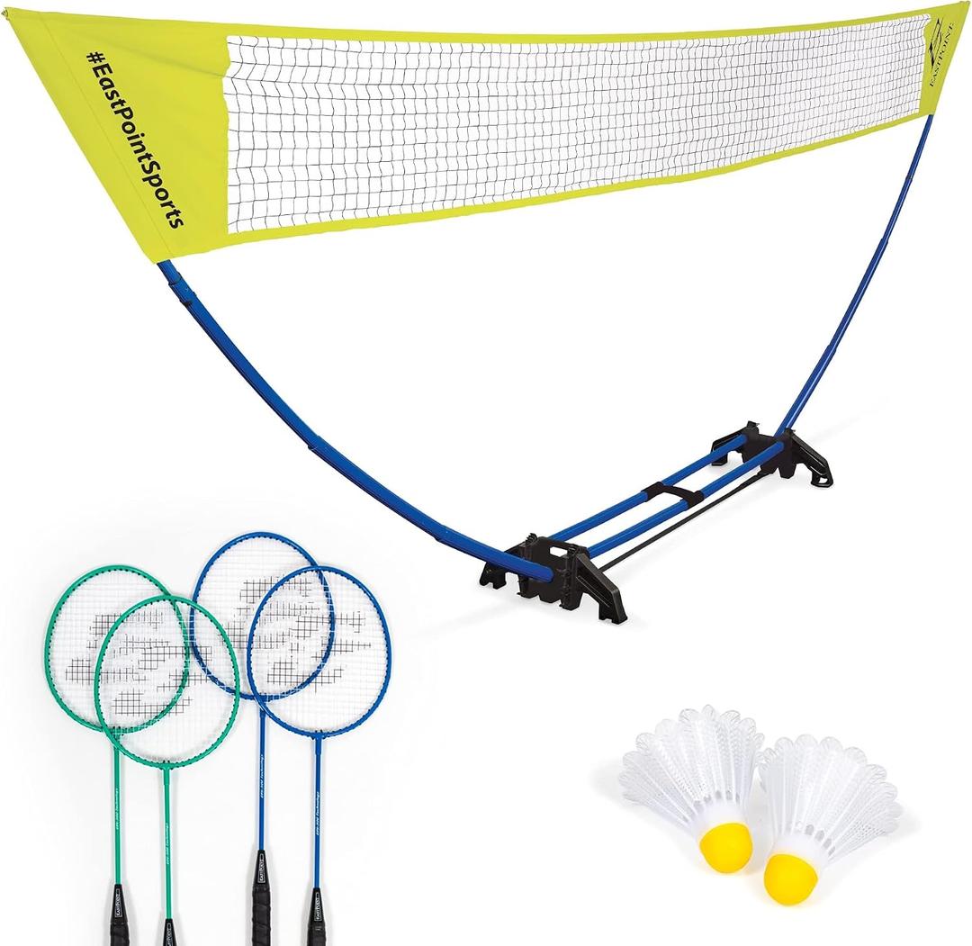 EastPoint Easy Setup Badminton Set - 5 ft Net, 4 Rackets, 2 Shuttlecocks - Quick Setup Net for Backyard Games - Steel Shaft Badminton Rackets for Family Games - Durable Shuttlecocks for Outdoor Sports