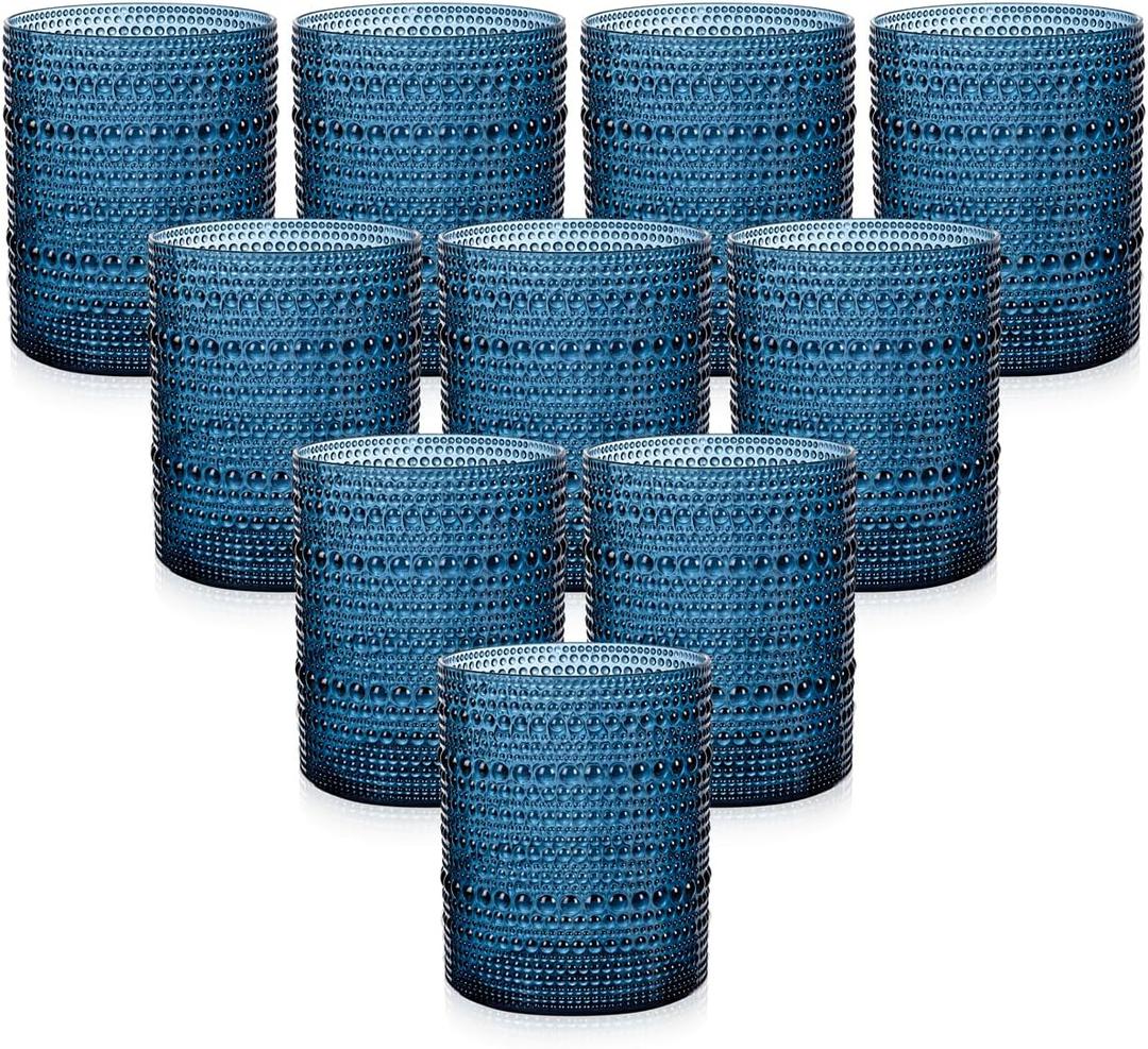 YOUBET 24PCS Plastic Drinking Glasses - 14OZ Blue Hobnail Drinkware Glasses - Vintage Glassware Textured Beaded Cups for Water, Beer, Whiskey, Juice and Various Mixed Drinks