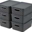Bringer 6-Pack Plastic Storage Baskets Bins with Lid, Lidded Storage Organizer Baskets, Gray