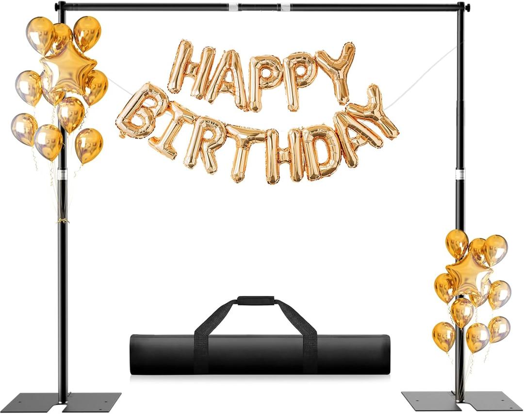 Heavy Duty Backdrop Stand, 8.5ft x 10ft Pipe and Drape Kit with Metal Flat Base, Adjustable Background Support System with Carry Bag for Wedding Party Birthday Photoshoot (Black)