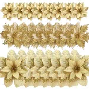 GREENTIME 24 Pcs Glitter Poinsettia Golden Artificial Flowers Christmas with Clips Stems Xmas Tree Ornaments for New Year Party Stairs Fireplace Porch Balcony Garden Church Wreath Decoration