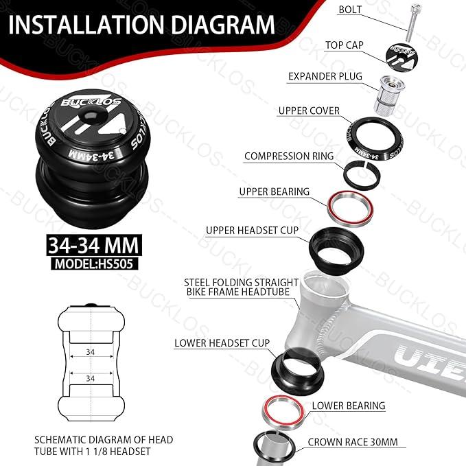 BUCKLOS 1-1/8 Bike Headset MTB Threadless 34 44 44-50.6 44-55 44-56 41.8-52mm, Straight Tapered Tube Mountain Bikes Road Bicycle Double Sealed Bearings Headsets, for Frame Fork Expander Plug Star Nut