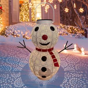 Christmas Snowman Solar Lantern Decorations - Snowman Solar Hanging Large Lantern Outdoor Waterproof, Metal Solar Powered Warm White LED Decor Lights for Outside Garden Yard Porch (1 Pack White)