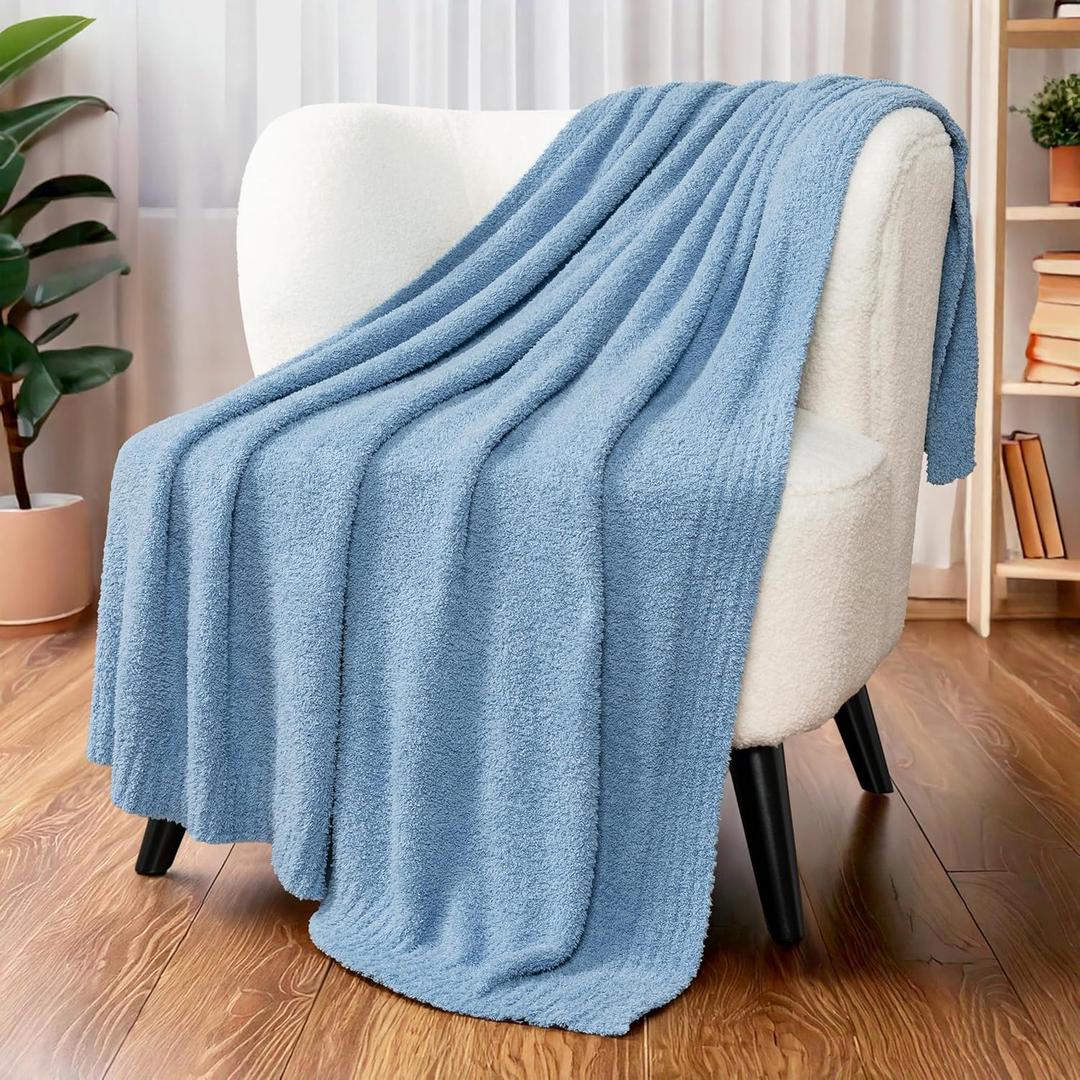 PAVILIA Super Soft Throw Blanket for Couch, Fluffy Cozy Lightweight Light Blue Blanket, Fuzzy Warm Knit Blanket for Bed Sofa, Slate Blue, 50x60