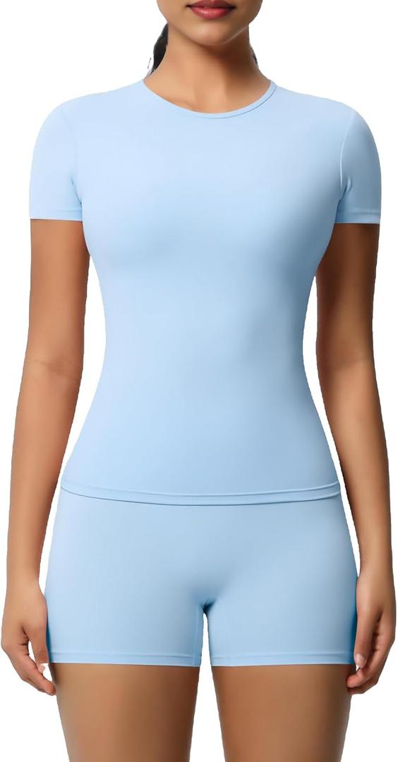 Women’s 2 Piece Workout Set – Short Sleeve T-Shirt & High Waist Shorts Activewear for Yoga, Gym & Running (Blue, M)