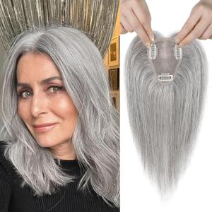 REECHO Real Human Hair Topper, 10 inch Women Hair Toppers for Thinning Hair, 100 Percent Human Hair Large Coverage Natural Hairpiece Wiglet, Waterdrop Base 2.5"x4", Light Grey