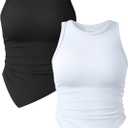 OQQ Women's 2 Piece Tank Tops Ruched Crew Neck Sleeveless Basic Stretch Tee Shirts (X-Large, Black,white)