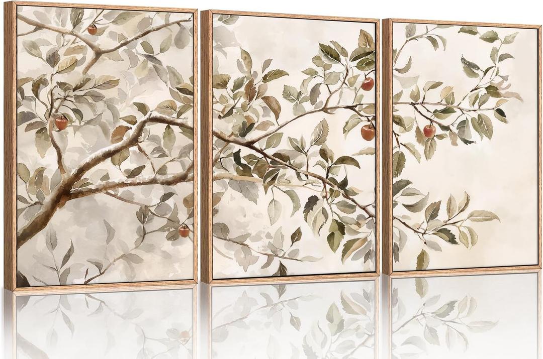 HLNIUC Apple Tree Vintage Framed Wall Art Set, Botanical Branch Canvas Wall Decor, Rustic Farmhouse Leaves Wall Painting, Retro Nature Plant Art Print for Living Room, Bedroom, Office - 16"x24"x3