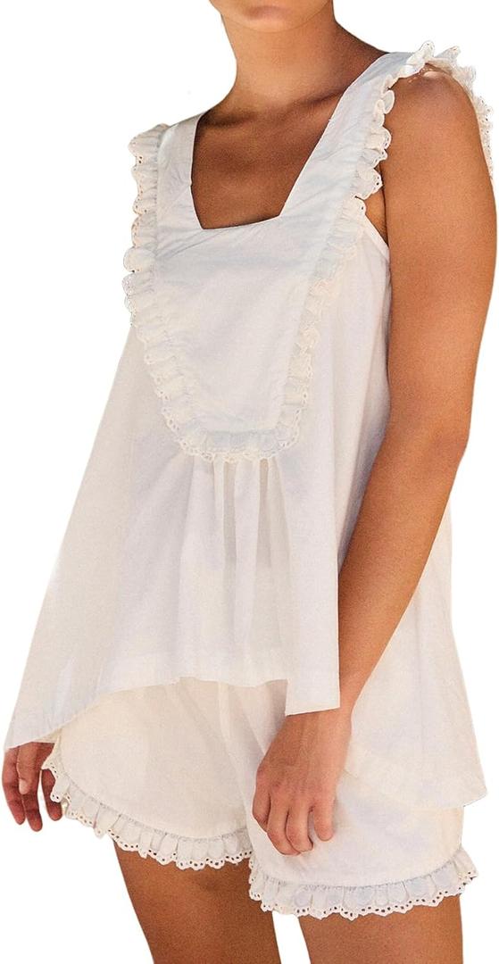 Wyeysyt Womens Pajamas Set 2 Piece Cotton Ruffle Pj Lounge Sets Trim Cami Top and Shorts Sleepwear Set (White, L)