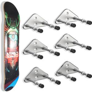 6 Packs Skateboard Wall Mount Aluminum Skateboard Hanger with Two Screw Holes for Display Skateboard Deck Storage Horizontal and Floats Vertically - Silver