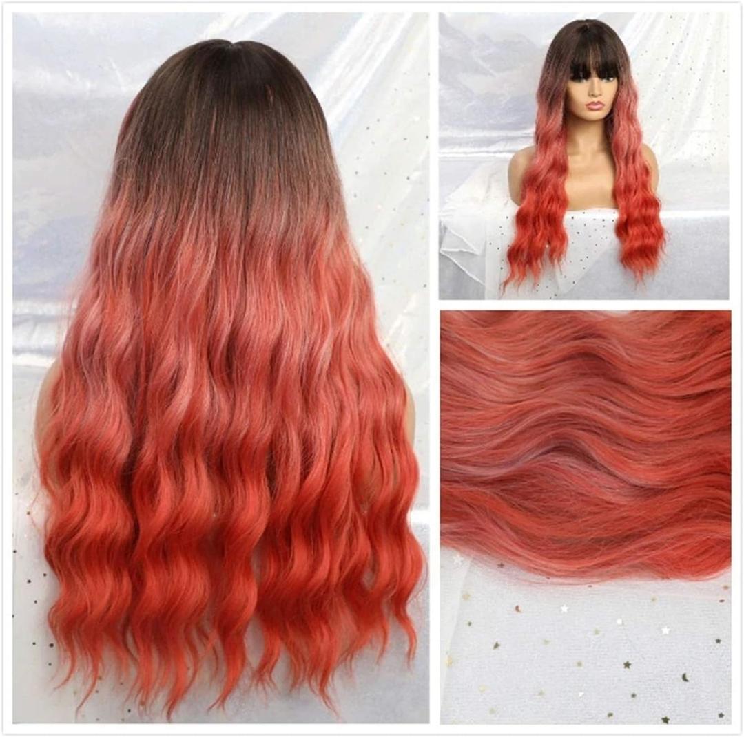 Orange and Pink Long Wig for Women with Bangs Curly Wavy Ombre Blonde 24 Inch Synthetic Natural Hair Wig for Halloween Cosplay Use