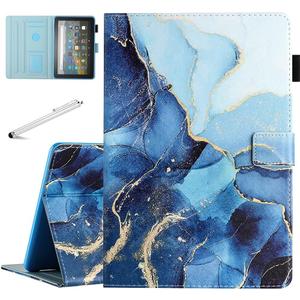 Fancity Case Fits All-New Amazon Kindle Fire HD 10 & 10 Plus (11th Generation, 2021 Release), PU Leather Stand Cover with Smart Auto Wake/Sleep & Pen Holder Card Slot, Marble Blue