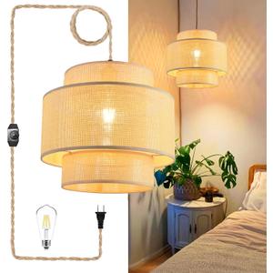 Plug in Pendant Light Hanging Lights with Plug in Cord Hanging Lamp Rattan Boho Dimmable,Wicker Bamboo Woven Lamp Shade, Plug in Ceiling Light Fixture for Farmhouse Living Room Bedroom Kitchen