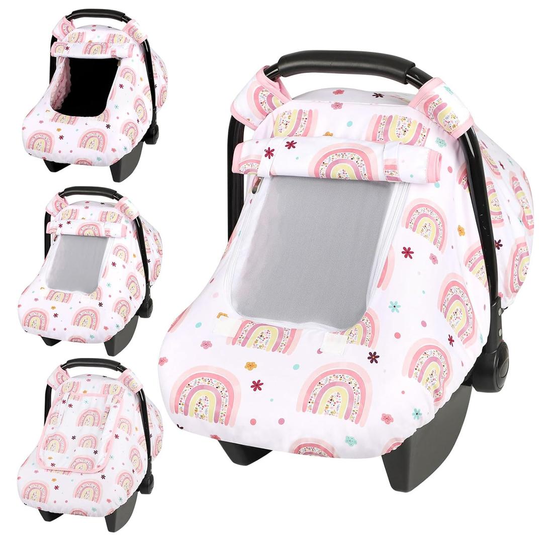 Pea Pod Car Seat Cover Baby, Infant Car Seat Canopy Covers with 2 Layers Windows of Breathable Mesh Fabric, Lightweight Polyester, Soft Minky Dot Backing (Rainbow & Floral Pattern) (Single Zipper)