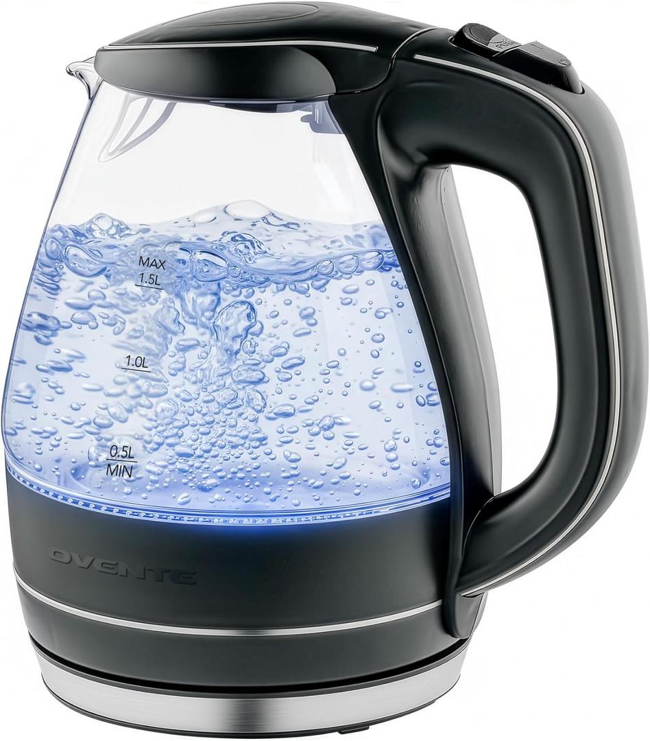 OVENTE Electric Kettle, 1.5L Borosilicate Glass Countertop Water Heater and Boiler for Coffee or Tea, BPAFree, Auto ShutOff, BoilDry Protection, Removable and Washable Spout Filter, Black KG83B