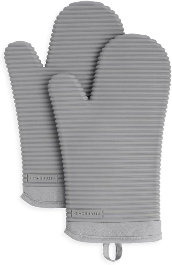 KitchenAid Ribbed Soft Silicone Oven Mitt Set, 7"x13", Grey 2 Count (Gray)