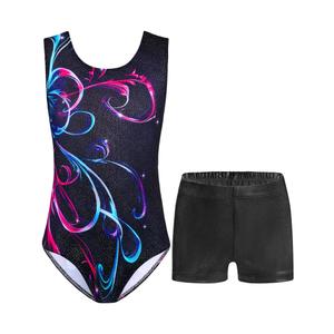 Nymphperi Gymnastics Leotards for Girls Size 6-7 Years Old Sparkly Color Lines Set with Matching Shorts