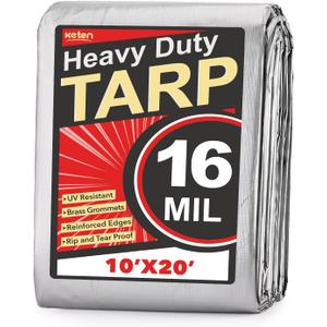 Keten Tarps Heavy Duty Waterproof 10X20 Feet, Extra Thick 16 Mil, Tear & Fade Resistant, 100% UV Blocking, Outdoor Tarp with Reinforced Grommets for Roof, Camping, Patio, Pool, Boat(Silver/ Black)