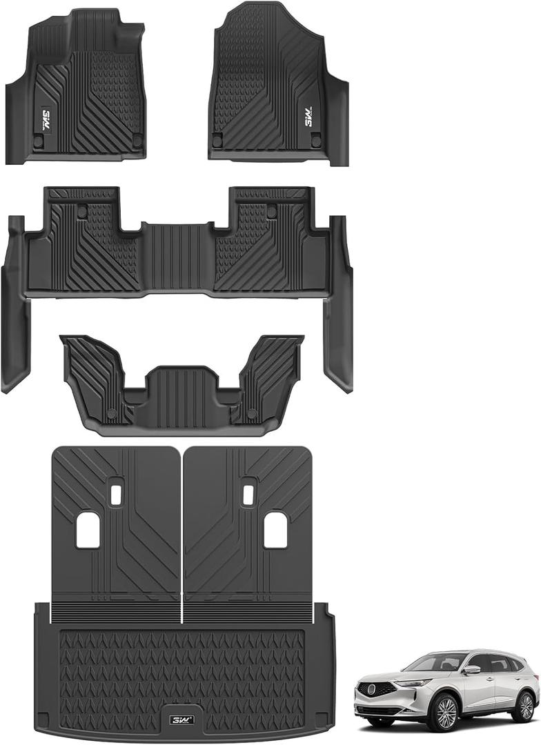 3W Floor Mats & Cargo Liner for Acura MDX 2022-2024 2025, TPE Custom Fit Floor Liner & Trunk Mats & Backrest Mat, All Weather Acura MDX Accessories Car Mats 1st, 2nd and 3rd Row, Black