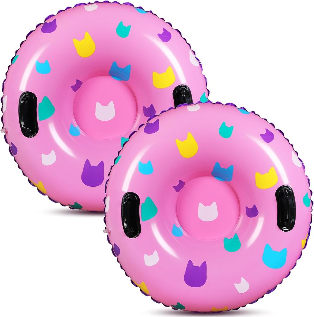 Sotiff Snow Tube Sled for Kids 36" Cartoon Cat Themed 1/2/3 Pack Heavy Duty Inflatable Big Thickened Snow Sled with Handle, Cold Resistant PVC Skiing Toy for Kid Birthday Winter Party Favors