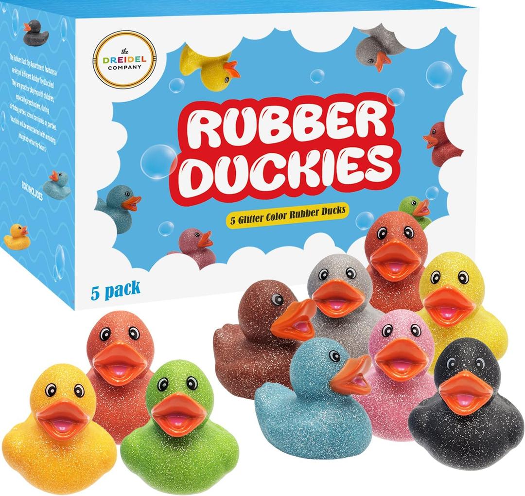 The Dreidel Company Glitter Rubber Duck Toy Assortment Duckies for Kids, Bath Birthday Gifts Baby Showers Summer Beach and Pool Activity, 2" (5-Pack)