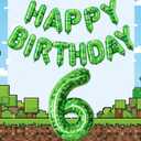 Green Pixel Style Happy Birthday Banner and 40 Inch Number 6 Foil Balloon Set for Boys Birthday Party, Video Game Theme Birthday Decorations, Gamer Pixelated Party Supplies