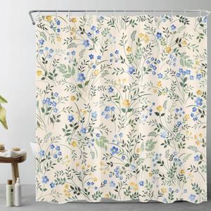 LB Country Wildflower Shower Curtain Decor,Blue and Yellow Floral Green Leaf Plant on Beige Shower Curtain for Bathroom 72X72 inch Polyester Fabric Bathroom Decoration Bath Curtains Hooks Included