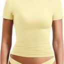 YEOREO Women Fitted Workout Tops Short Sleeve Double Lined Basic Y2K Going Out Crew Neck Compression Crop Top (Medium, Creamy Yellow)