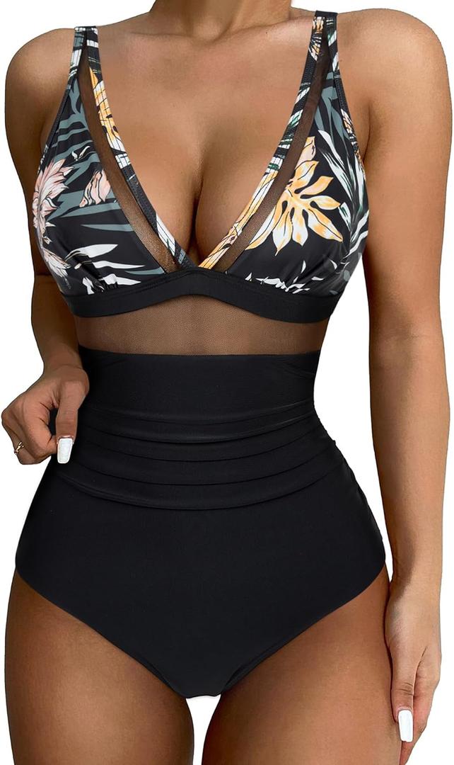 SUUKSESS Women Sexy Mesh Tummy Control Swimsuit Push Up High Waisted Bathing Suit M