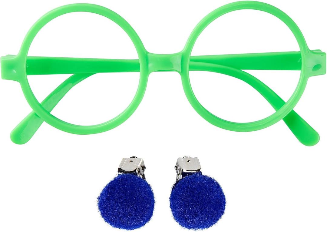 Fancheer Round Green Glasses No Lens with Blue Clip-on Earrings Dress Up Costume Accessories
