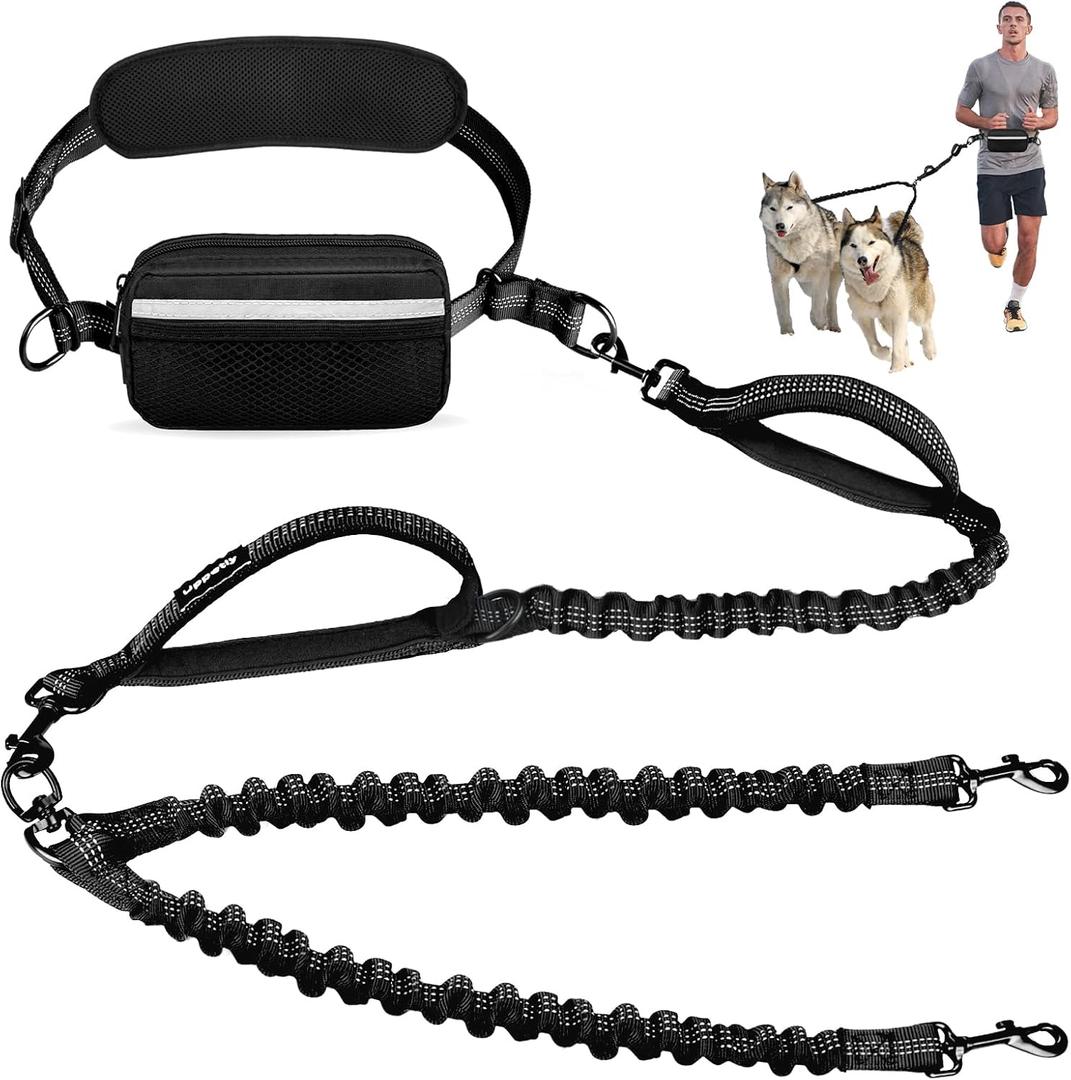 Hands Free Double Dog Leash with Pouch, Dual Leash for 2 Dogs with Reflective Padded Handles, Durable Bungee and Lumbar Waist Belt for Walking, Jogging and Running (Small, 8-25 lbs)