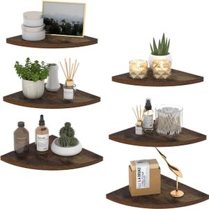 HORLIMER 6 Pack Wall Mount Floating Corner Shelf, Rustic Wood Corner Wall Shelves for Bedroom, Living Room, Bathroom, Kitchen (Fan-Shaped, Brown)
