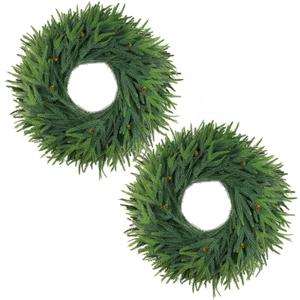 24inch Christmas Wreath 2 Pack, Norfolk Pine Wreath for Front Door, 24 Inch Xmas Village Wreath Holiday Decor Christmas Decorations for Home Wall Window Indoor Outdoor Outside Winter
