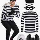 URATOT Halloween Robber Costume Set, Include Striped Long Sleeve T-Shirt Knit Cap Gloves Canvas Bags and Eye Mask, Size L