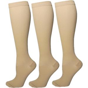 Bestjybt 3 Pairs Compression Socks for Women & Men Circulation 15-20 mmHg Support Socks for Athletic Running Cycling (Large-X-Large, Beige)