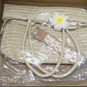 Straw Tote Bag for Women, Large Summer Beach Bag with Polka Dot Scarf & Plumeria Flower (beige)