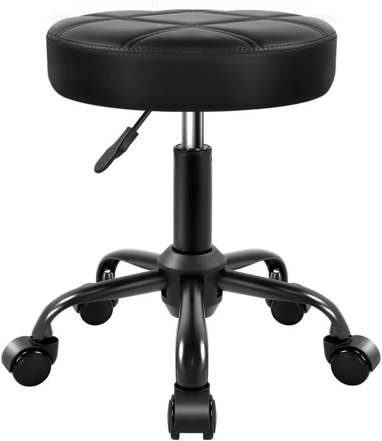 KKTONER Rolling Stool Chair PU Leather Height Adjustable Round Stool with Wheels Chair for Salon Spa Drafting Small (Black), 25.6" X 13.20" X 16.5"
